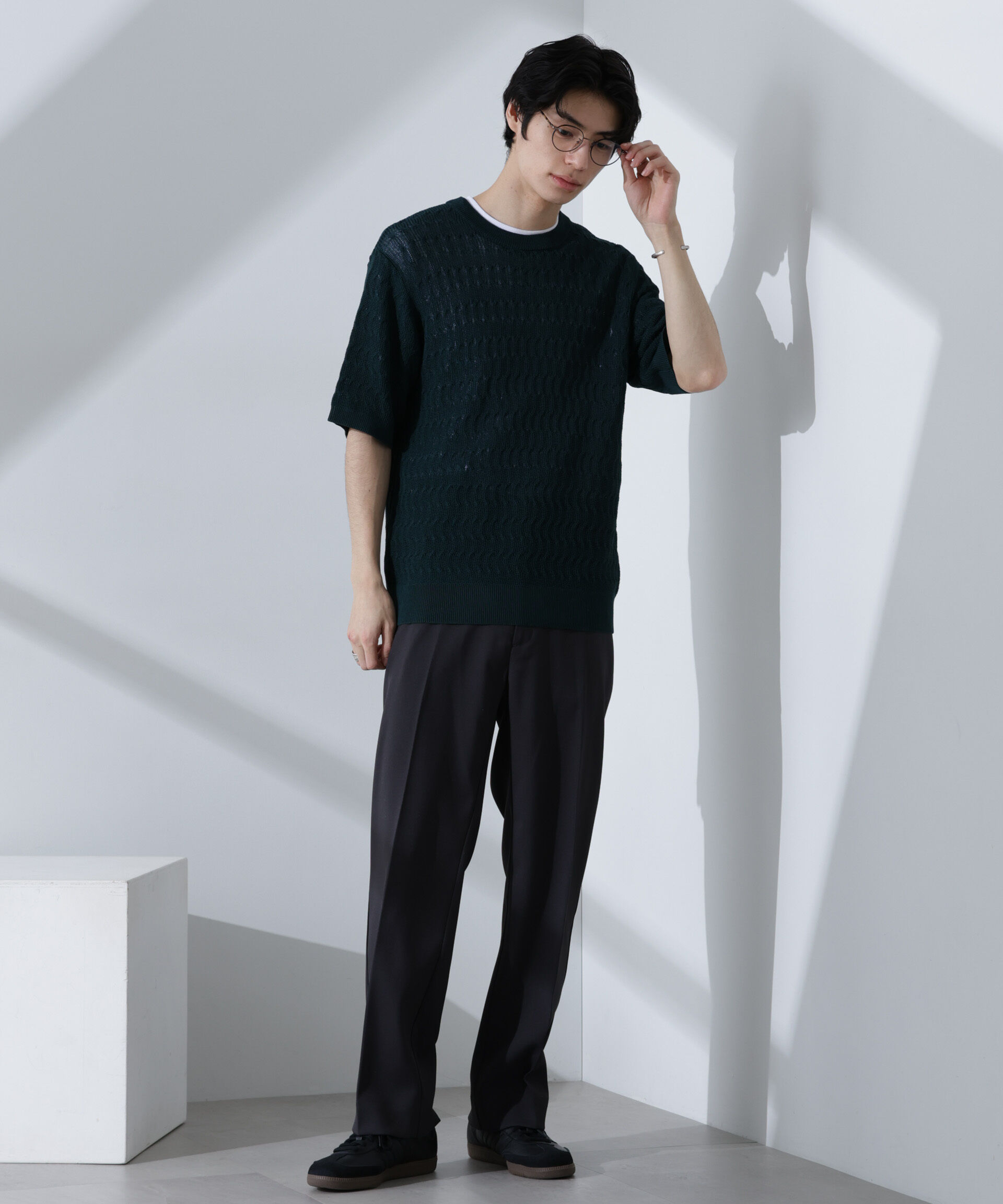 nano･universe「柄編みクルーネックニット 半袖」|ニット・セーター|