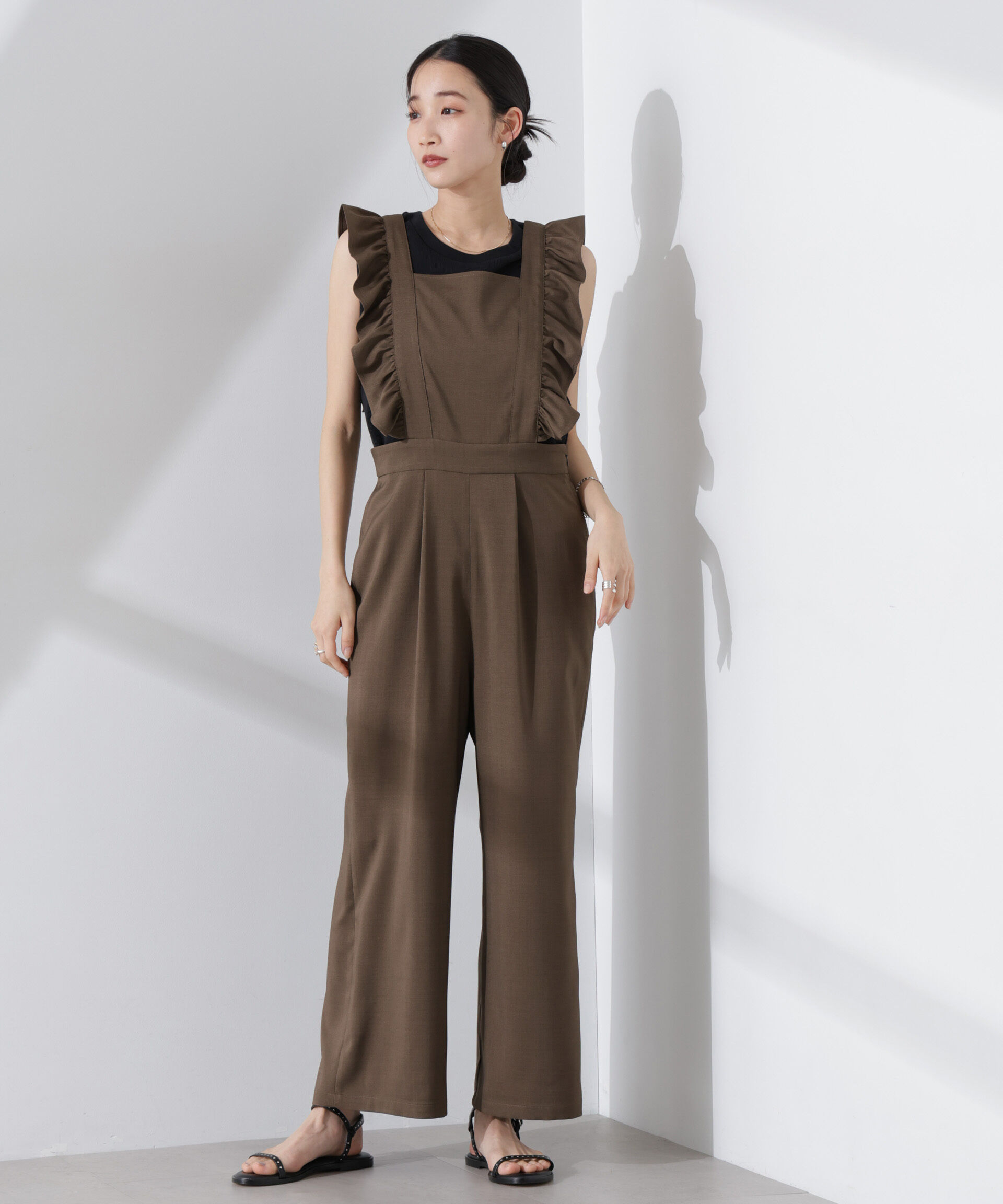 nano･universe「フリルスリーブオールインワン」|ワンピース|ブラウン