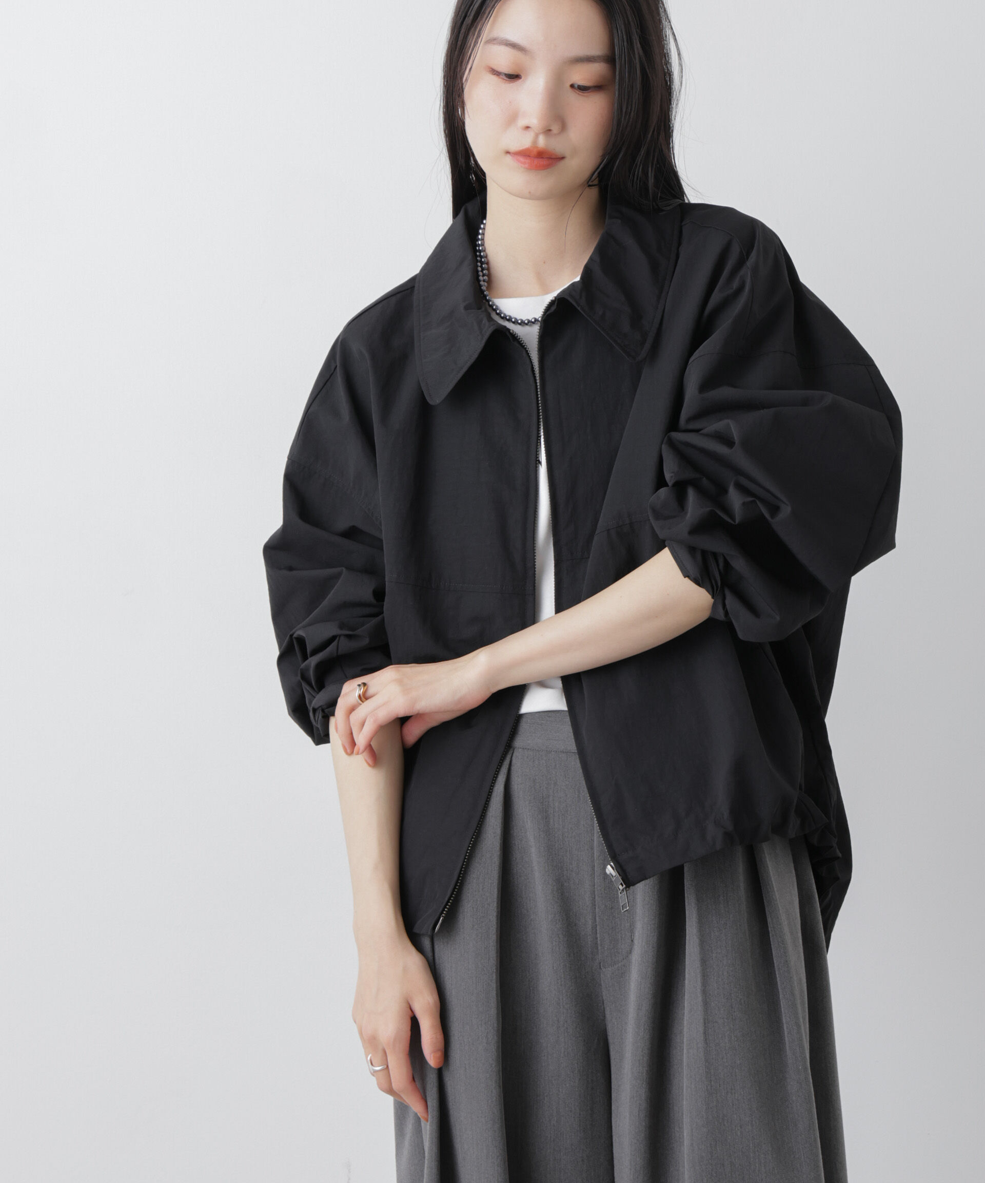 nano･universe「撥水＆花粉ガード コクーンシルエットジップブルゾン」|ブルゾン・スタジャン|