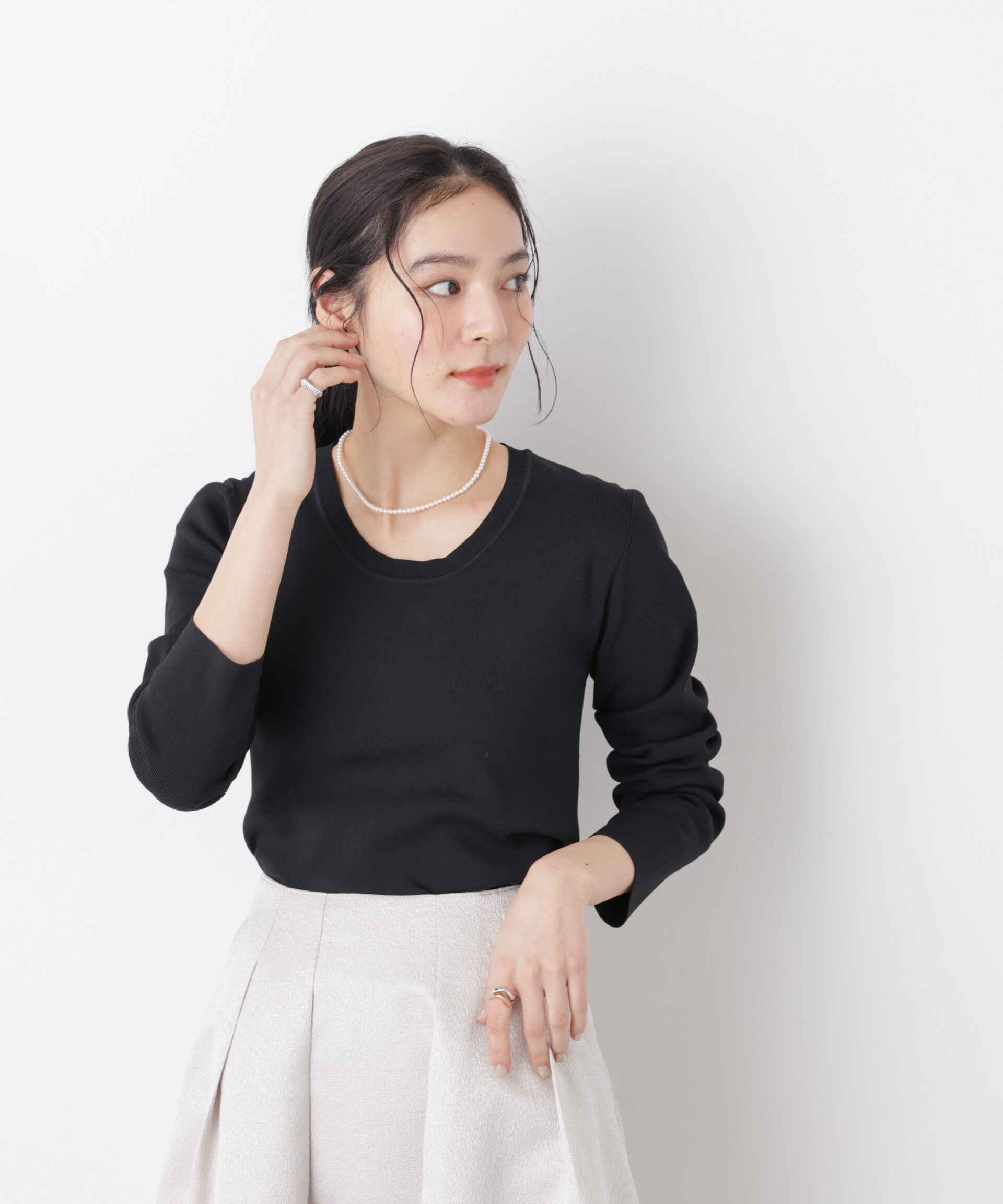 nano･universe「7function Uネック総針ニット」|ニット・セーター|ブラック