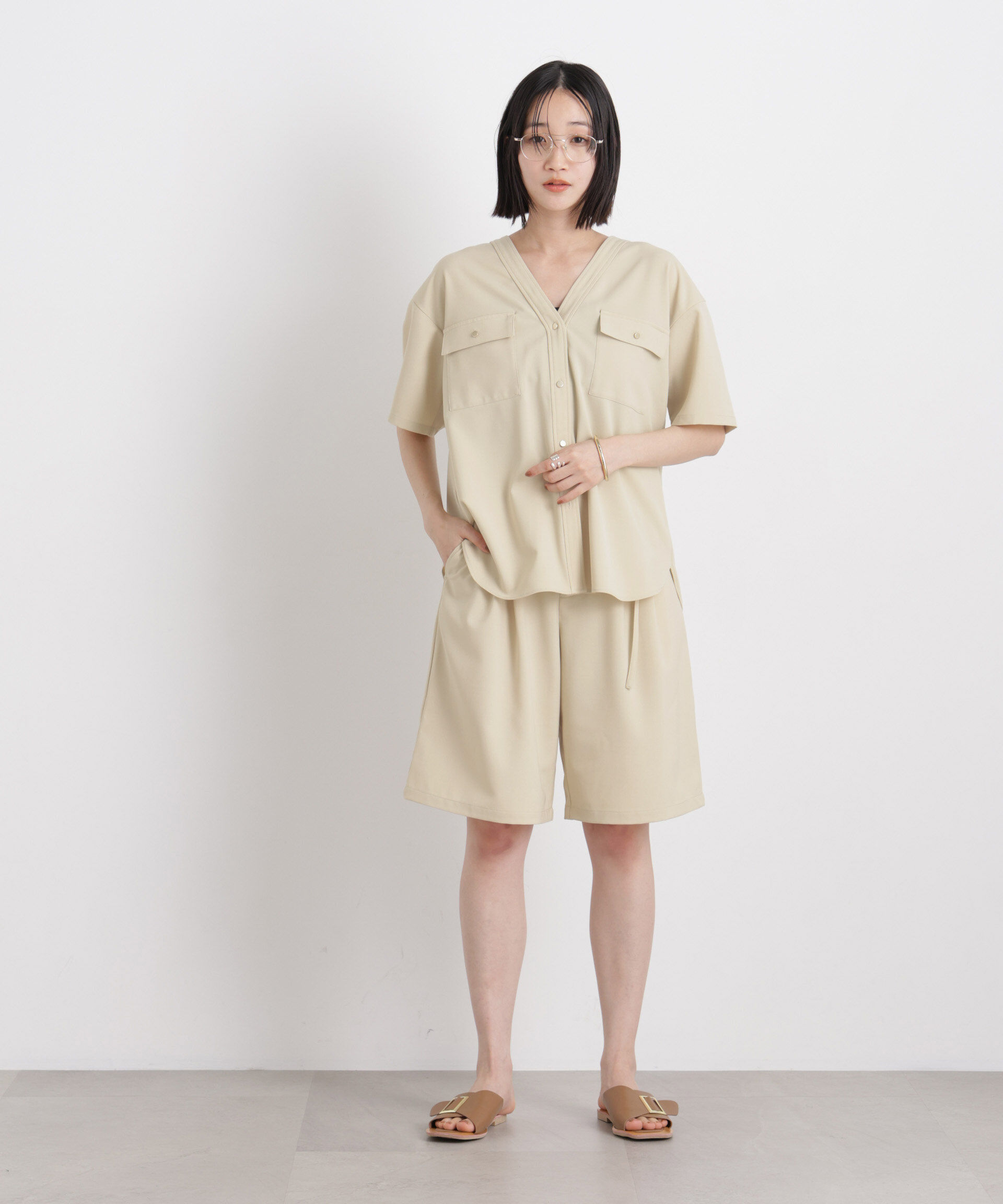 nano･universe「メランジストレッチポケットVネックブラウス(セットアップ可)」|シャツ・ブラウス|