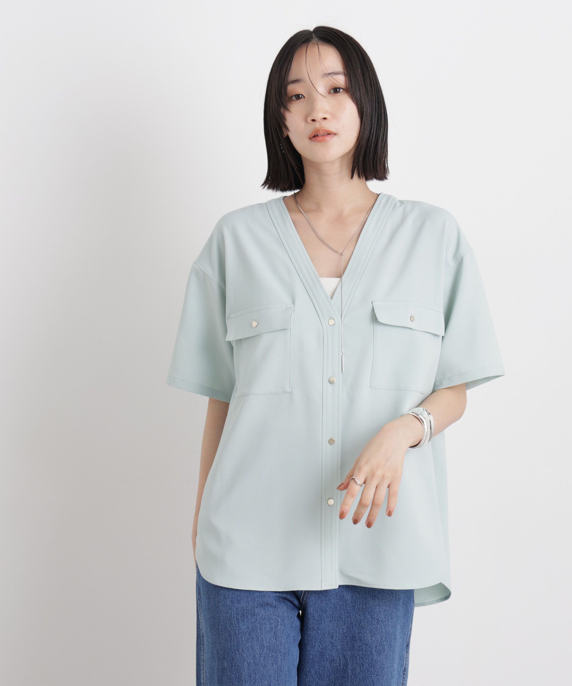 nano･universe「メランジストレッチポケットVネックブラウス(セットアップ可)」|シャツ・ブラウス|