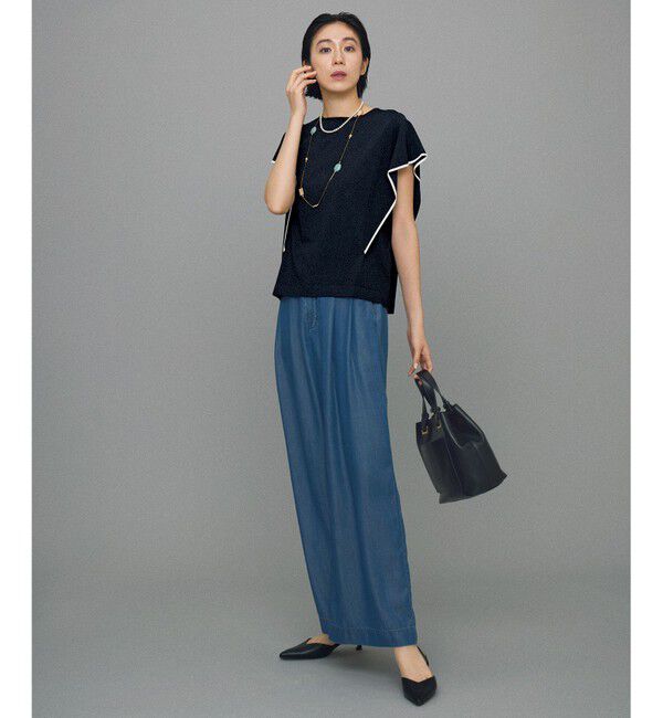 自由区「【カタログ掲載・接触冷感・UVカット・洗える】クレープストレッチフレアスリーブ ニット」|ニット・セーター|