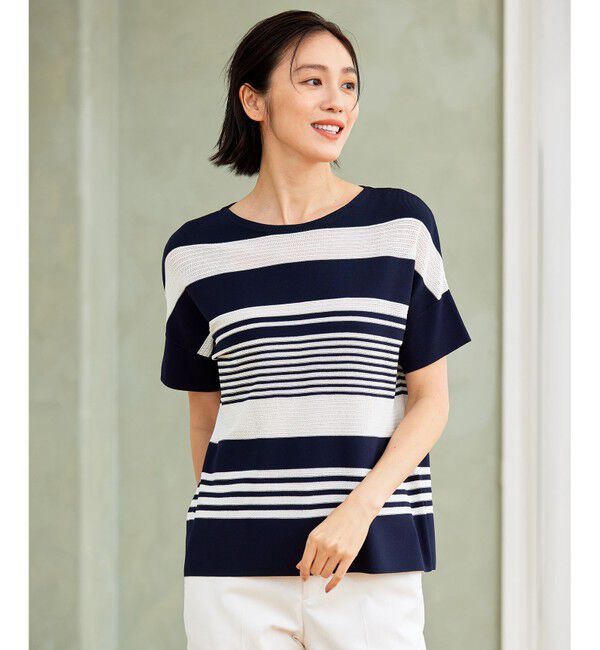 自由区「【UVカット・洗える】クレープストレッチボーダー ニット」|ニット・セーター|ﾈｲﾋﾞｰ&times;ｵ