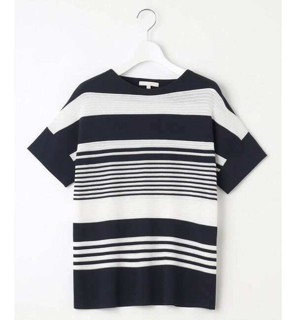 自由区「【UVカット・洗える】クレープストレッチボーダー ニット」|ニット・セーター|