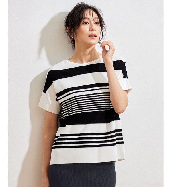 自由区「【UVカット・洗える】クレープストレッチボーダー ニット」|ニット・セーター|ｵﾌﾎﾜｲﾄ&times;