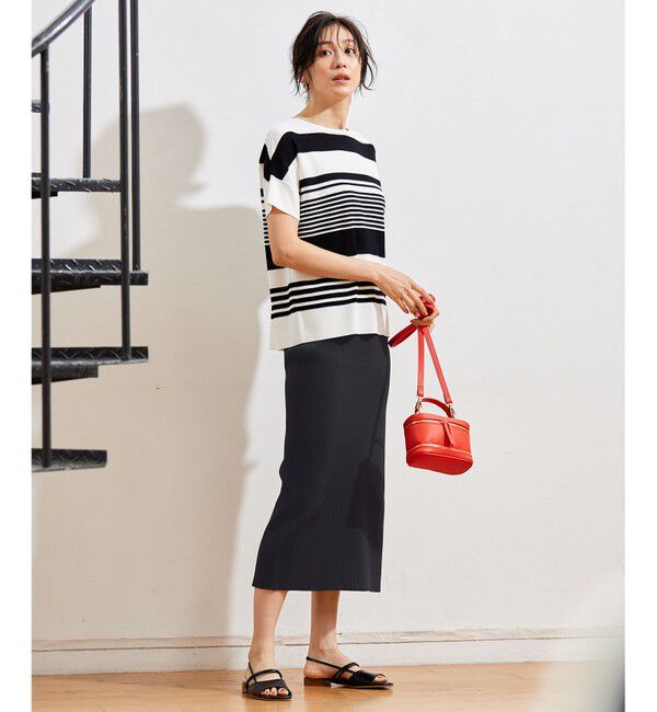 自由区「【UVカット・洗える】クレープストレッチボーダー ニット」|ニット・セーター|