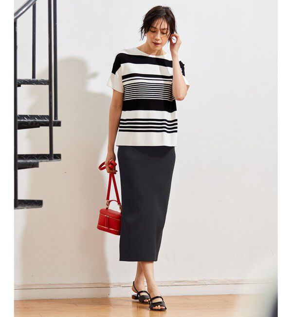 自由区「【UVカット・洗える】クレープストレッチボーダー ニット」|ニット・セーター|