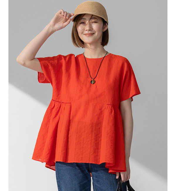 23区「【洗える】カラミ ストライプ ペプラム ブラウス」|シャツ・ブラウス|オレンジ系