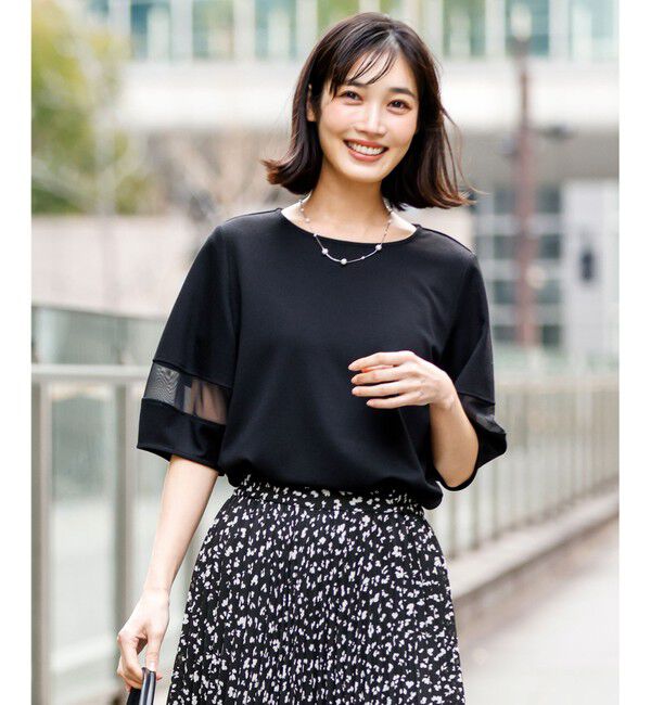 ANY SIS「チュール切替ランタンスリーブ プルオーバー」|Tシャツ・カットソー|ブラック