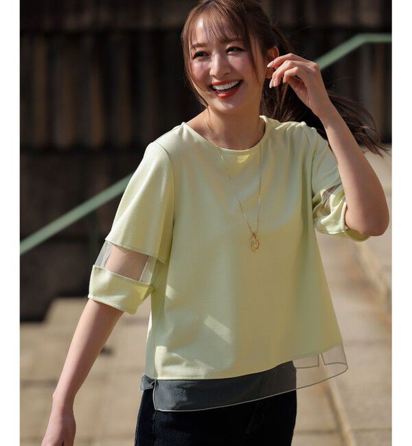 ANY SIS「チュール切替ランタンスリーブ プルオーバー」|Tシャツ・カットソー|ライム