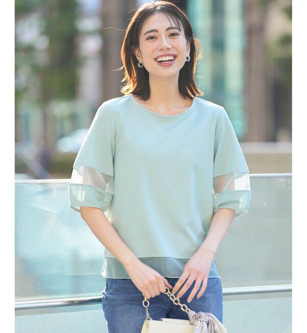 ANY SIS「チュール切替ランタンスリーブ プルオーバー」|Tシャツ・カットソー|アイスブルー