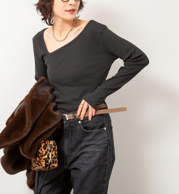 Rie Miller「ウォッシャブルリブカットアウト2WAYロンT」|Tシャツ・カットソー|チャコールグレー