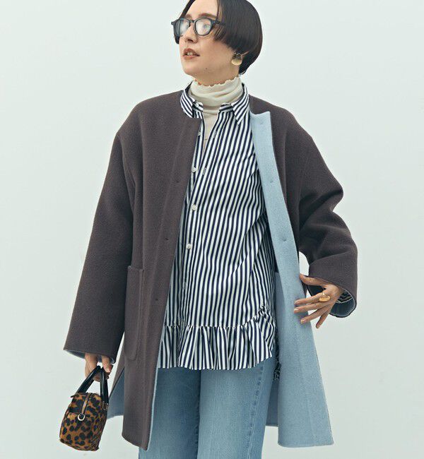 NOLLEY'S「バイカラーリバーコート」|ノーカラーコート|