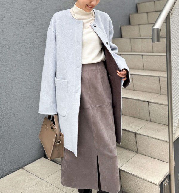 NOLLEY'S「バイカラーリバーコート」|ノーカラーコート|