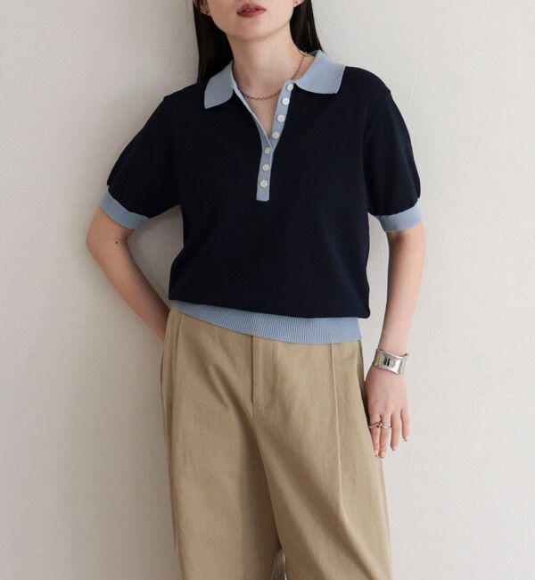 fredy emue「【接触冷感】配色ポロ衿半袖ニットプルオーバー」|ニット・セーター|ネイビー