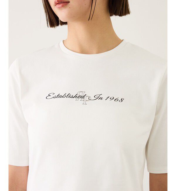 ROPE「ショート丈コンパクトTEE(白刺繍＆黒ロゴプリント)/イージーケア」|Tシャツ・カットソー|