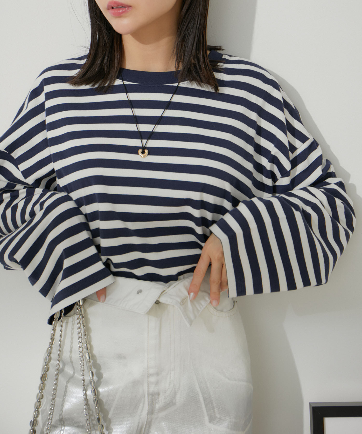 VIS「【EC/OUTLET】ワイドスリーブマルチボーダーロングTシャツ【洗える】」|Tシャツ・カットソー|ネイビー系(41)