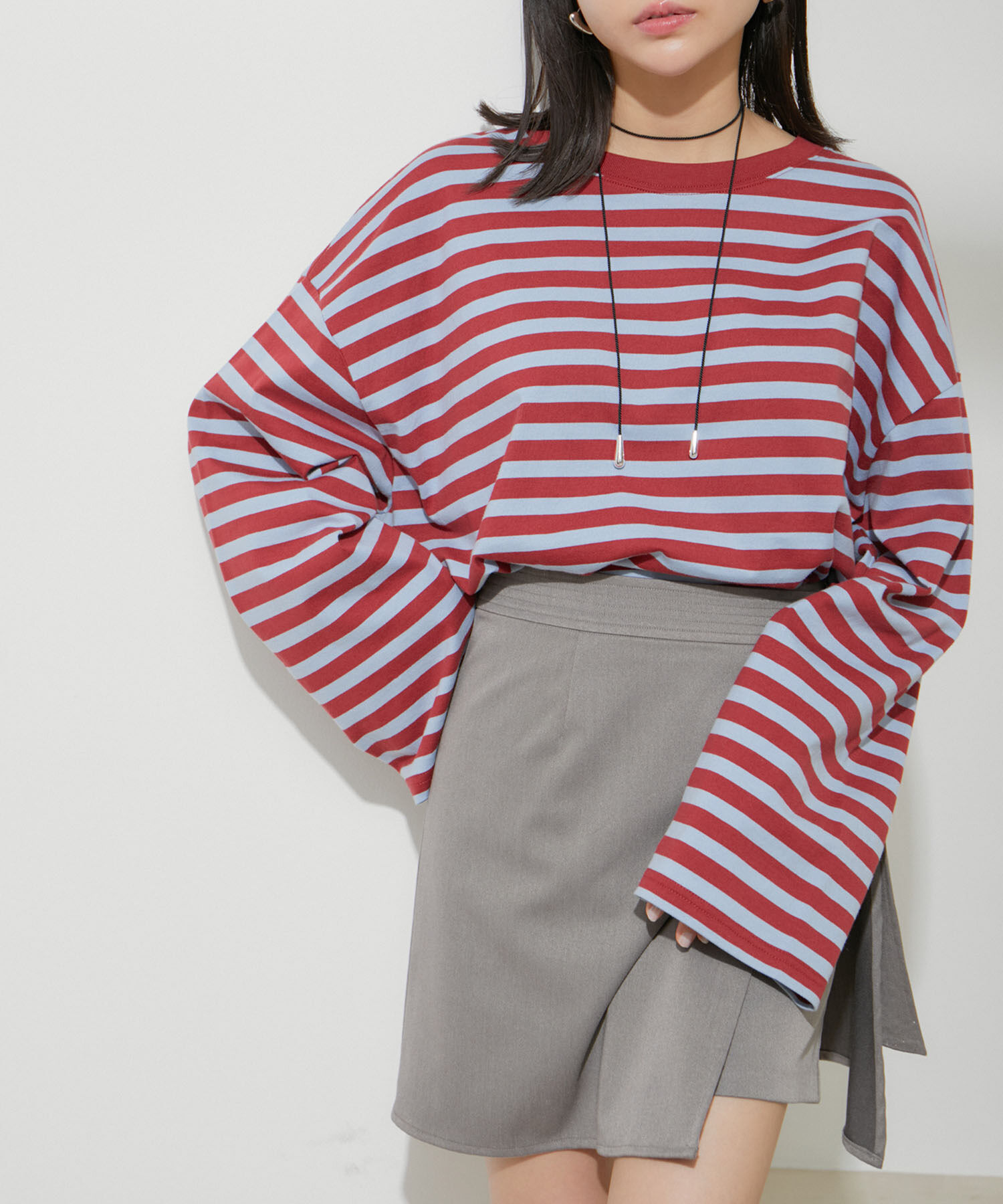 VIS「【EC/OUTLET】ワイドスリーブマルチボーダーロングTシャツ【洗える】」|Tシャツ・カットソー|ワイン系(67)