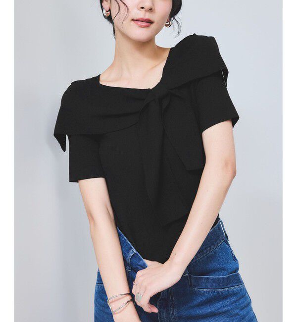 VIS「【WEB限定】【骨格で選べる2タイプ】オフショル風リボン半袖ニット」|ニット・セーター|ブラック(01)
