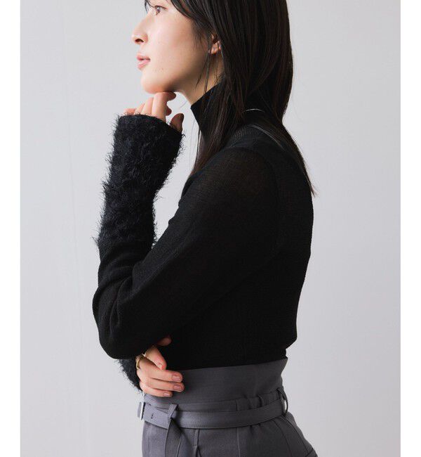 VIS「フェザー切り替えスリーブシアータートルニット」|ニット・セーター|ブラック(01)