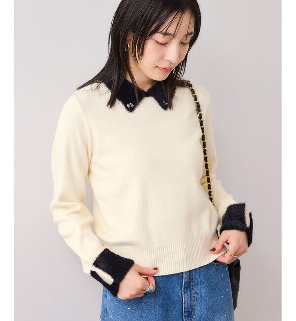 VIS「ビジュー付きシャギーカラーニットトップス」|ニット・セーター|ホワイト(10)