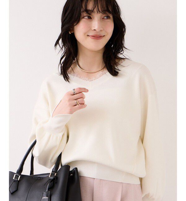 VIS「Vネックレースプルオーバー」|ニット・セーター|オフホワイト(15)