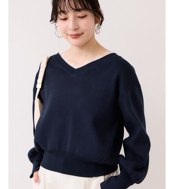 VIS「Vネックレースプルオーバー」|ニット・セーター|ネイビー(40)