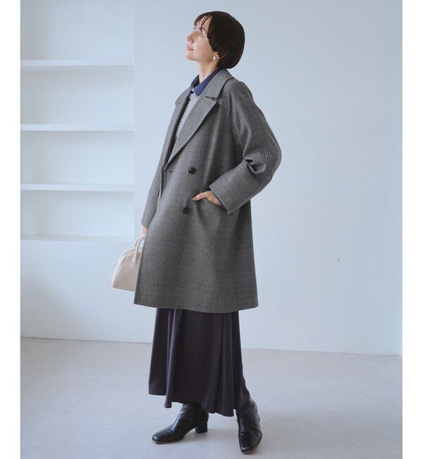 Rope&rsquo;Picnic「ジャージメルトン無地＆チェックオーバーPコート/一部WEB限定カラー・リンクコーデ」|ピーコート|