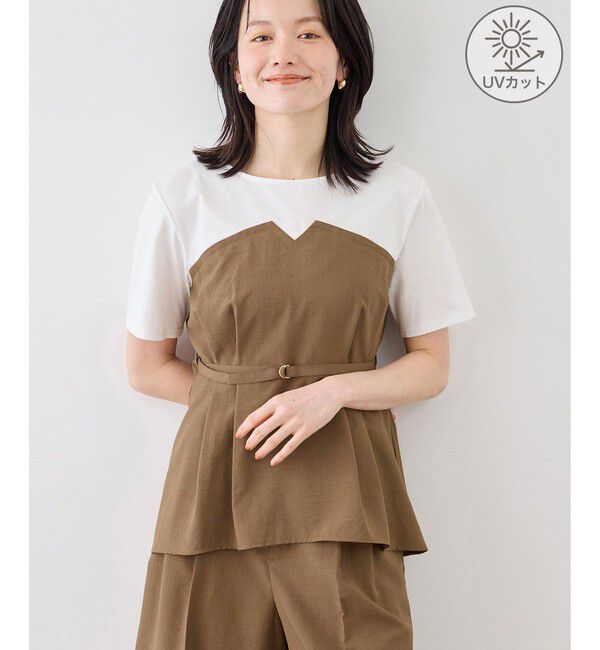 Rope&rsquo;Picnic「エアリーリネンライク ドッキングカットトップス/UVカット」|Tシャツ・カットソー|キャメル(25)