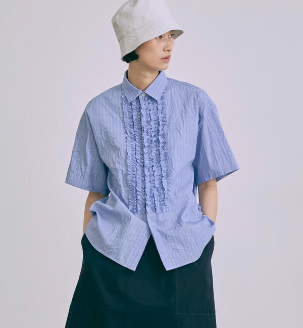  「nicholson & nicholson | ストライプ フリルシャツ WOMEN」|シャツ・ブラウス|BLUE系1