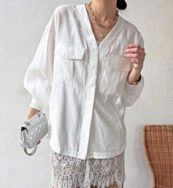  「【WEB限定】ノーカラーブルゾンライクシャツ」|シャツ・ブラウス|オフホワイト