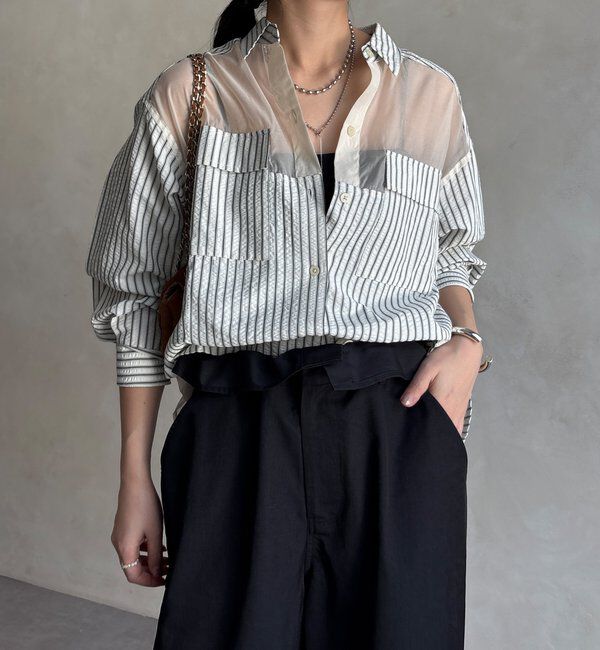 「【WEB限定】ストライプシアー切替シャツ」|シャツ・ブラウス|オフホワイト