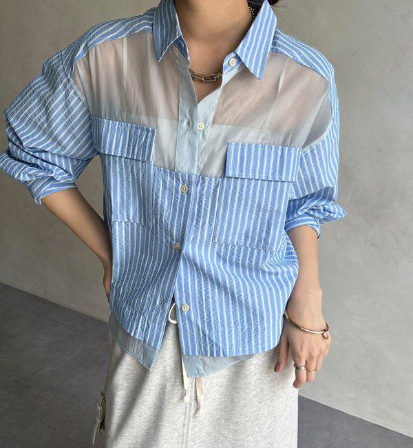  「【WEB限定】ストライプシアー切替シャツ」|シャツ・ブラウス|