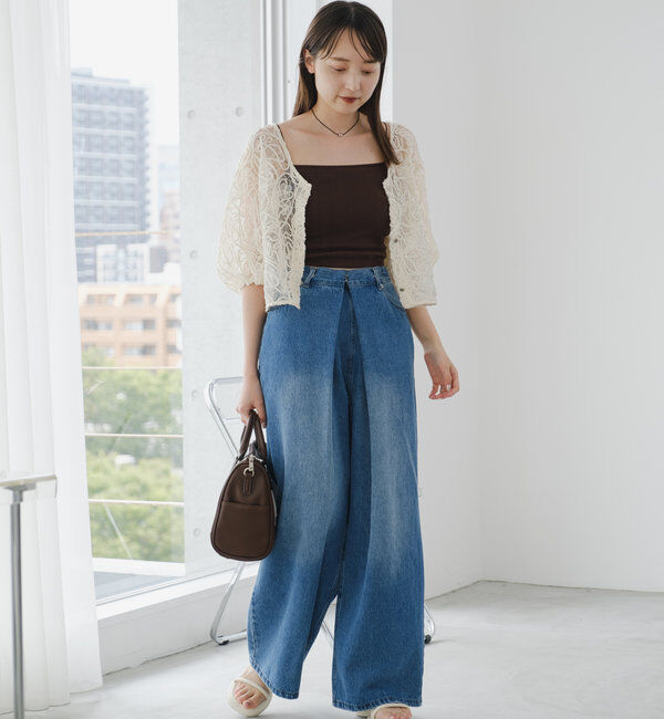  「【3サイズ】デニムタックワイドパンツ」|デニム|