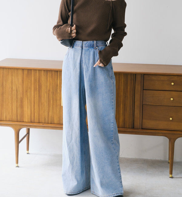 「【3サイズ】デニムタックワイドパンツ」|デニム|
