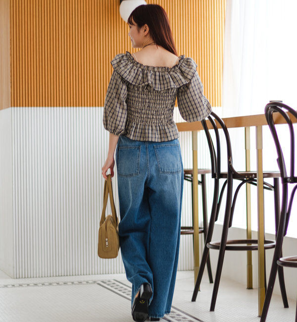  「【3サイズ】デニムタックワイドパンツ」|デニム|