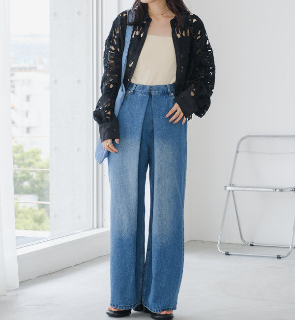  「【3サイズ】デニムタックワイドパンツ」|デニム|