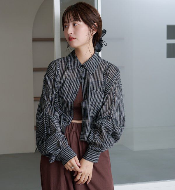  「【新色追加/S.Mサイズ展開】チェックギャザーシャツ」|シャツ・ブラウス|