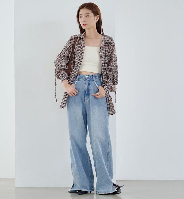  「【新色追加/S.Mサイズ展開】チェックギャザーシャツ」|シャツ・ブラウス|