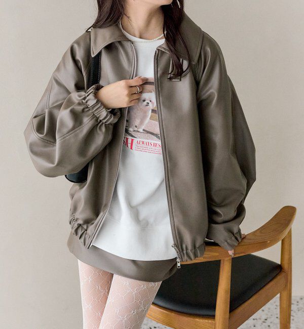  「バルーンスリーブフェイクレザーブルゾン」|ブルゾン・スタジャン|