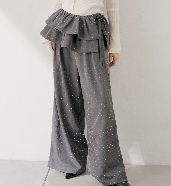  「【SALON by Chico】取り外しフリルルーズラインストーンスラックス」|チノ|