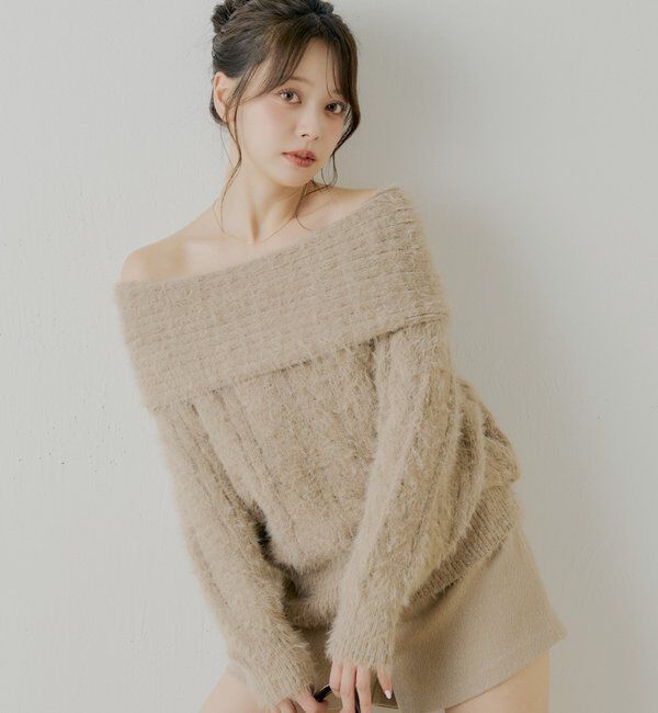  「リブデザインオフショルルーズニット」|ニット・セーター|ベージュ