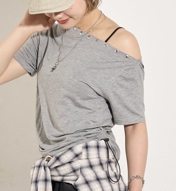  「ワンオフショルスタッズドロストTEE」|Tシャツ・カットソー|グレー