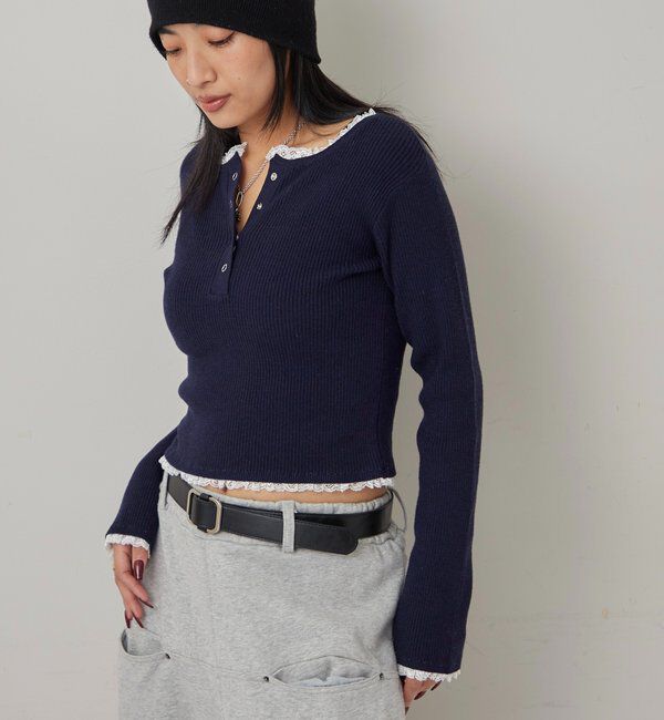  「レースレイヤードヘンリーニット」|ニット・セーター|