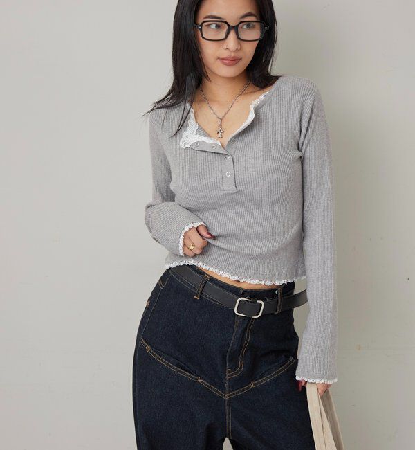  「レースレイヤードヘンリーニット」|ニット・セーター|