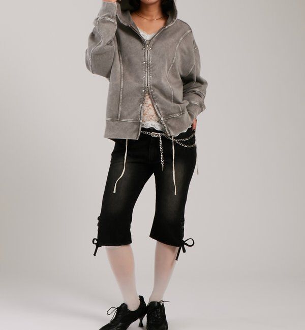  「【UNISEX】KOOKY'N ケミカルスタッズ切り替えジップパーカー」|パーカー|