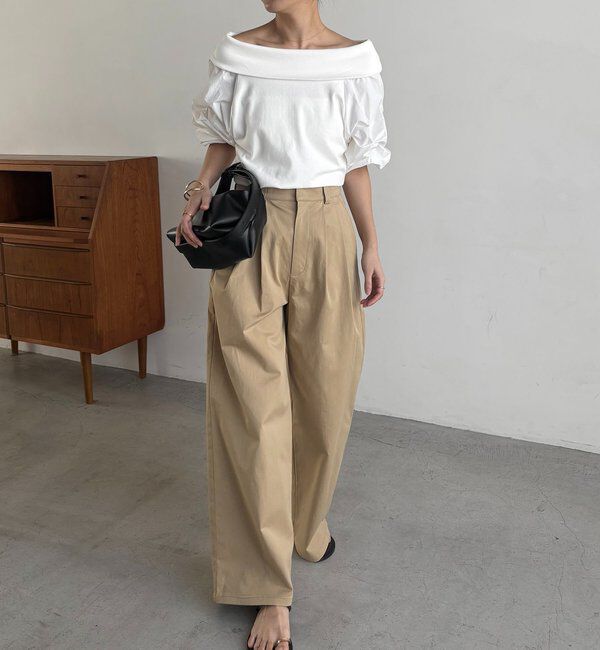  「【華奢見え◎】異素材パフオフショルＴ」|Tシャツ・カットソー|