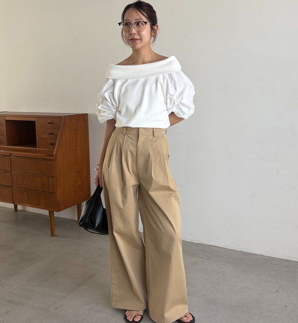  「【華奢見え◎】異素材パフオフショルＴ」|Tシャツ・カットソー|