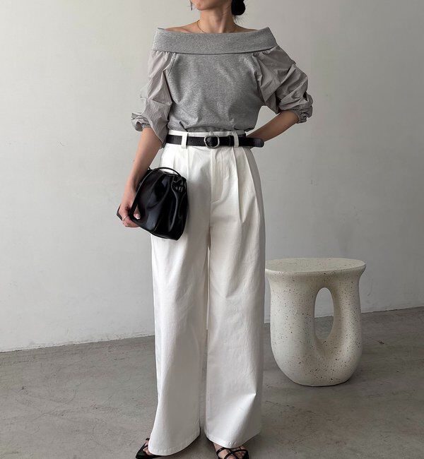  「【華奢見え◎】異素材パフオフショルＴ」|Tシャツ・カットソー|